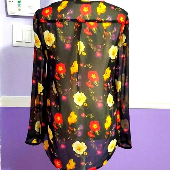 Zara Trafaluc Black Colorful Floral Print Sheer Long Sleeve Dressy Shirt - Picture 5 of 9